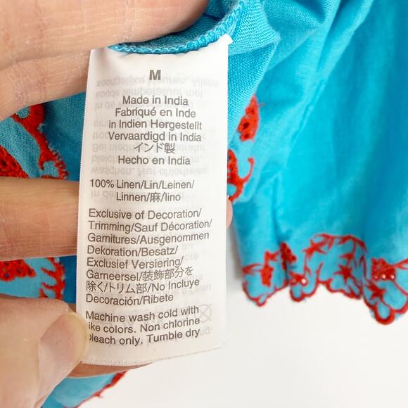 J. Crew Embroidered Linen Tunic Top Monaco Blue Red Floral Embroidery Women's M - Picture 6 of 9
